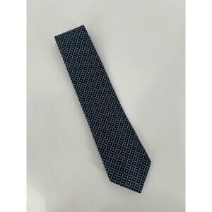Vintage Aquascutum Tie Mens Blue Geometric Diamond Print Silk 56" Regular Width